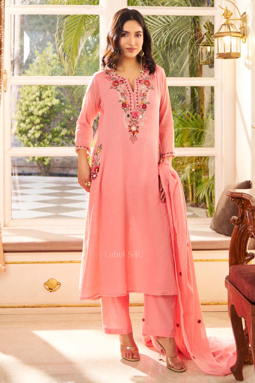 Coral Peach Embroidered-Anarkali Set