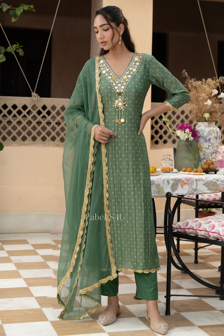 Mist Sage Embellished Tissue Suit Set