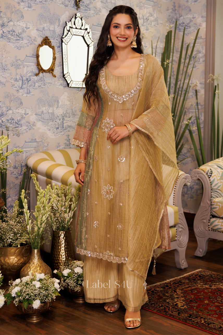 golden ethnic dress Trace Tissue Anarkali Set – Label S4U Model Olivia C