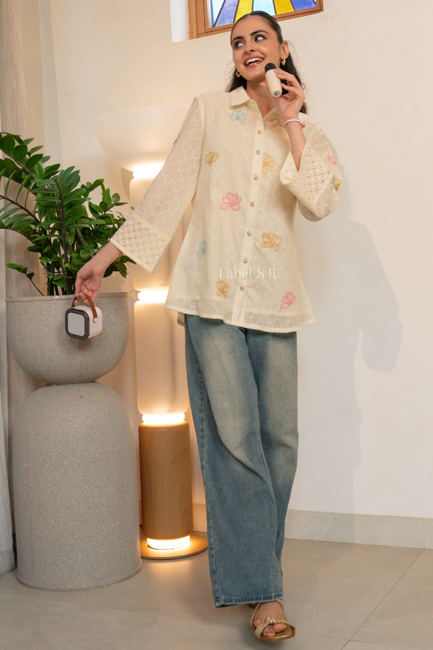 Butterfly Embroidered Cotton Shirt