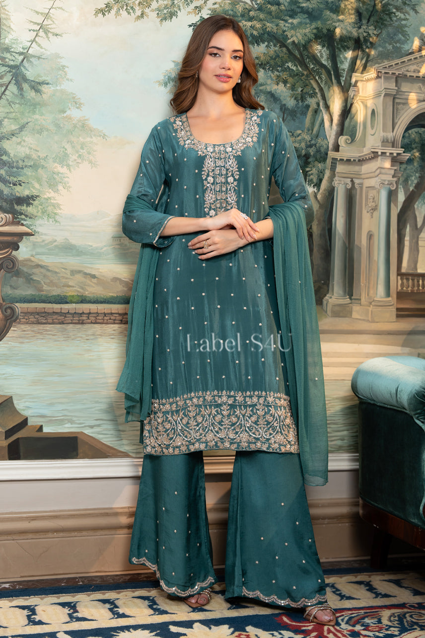 Teal Embroidered-Suit Set