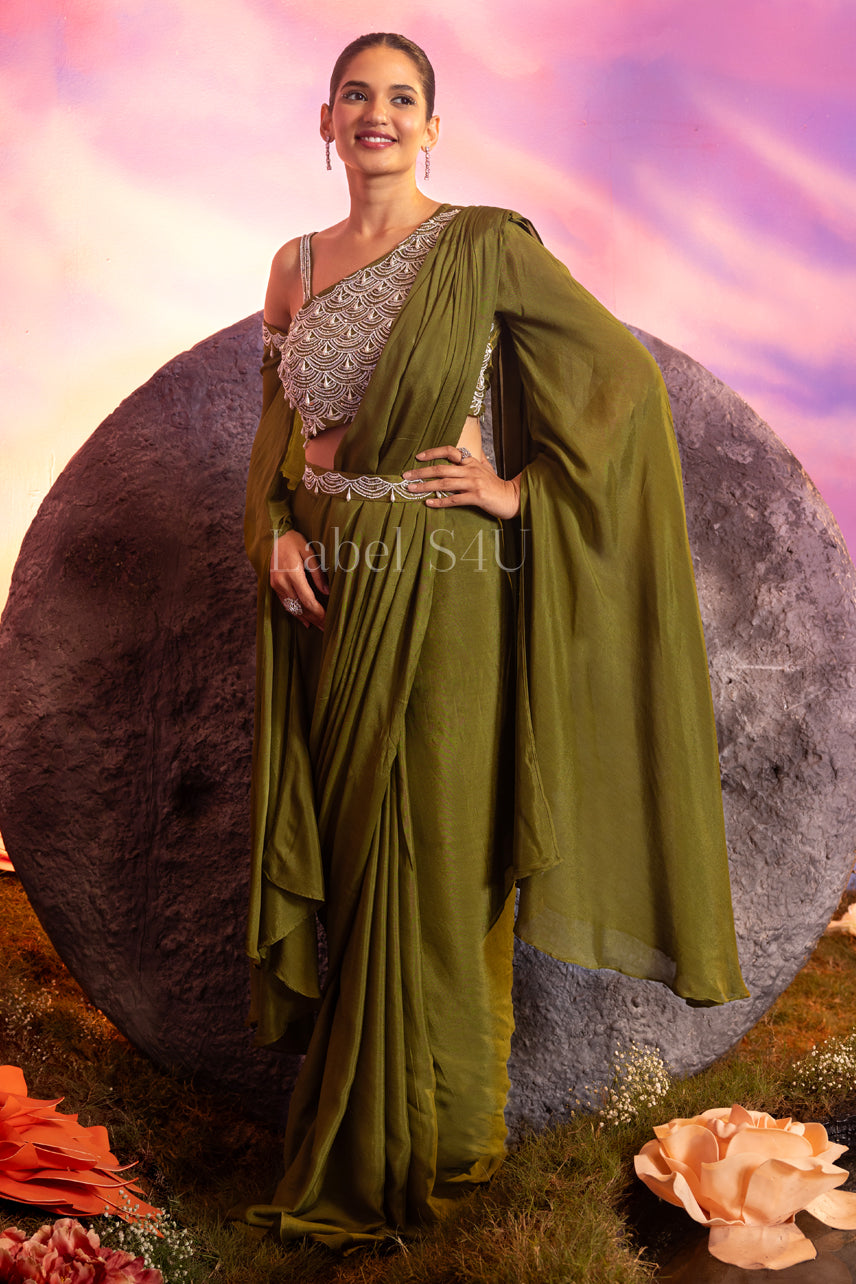 Majestic Olive- Pre-Draped Saree