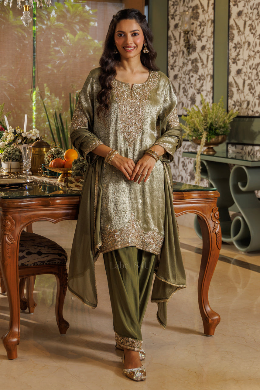 Olive Jacquard Farshi Salwar Set