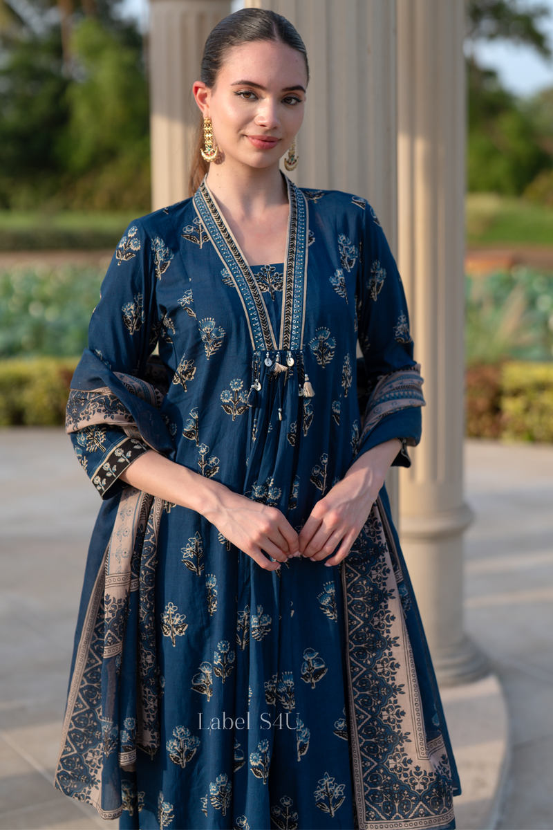 blue ethnic dress for women Blue Floral Festive Silk Knee-Length Dress