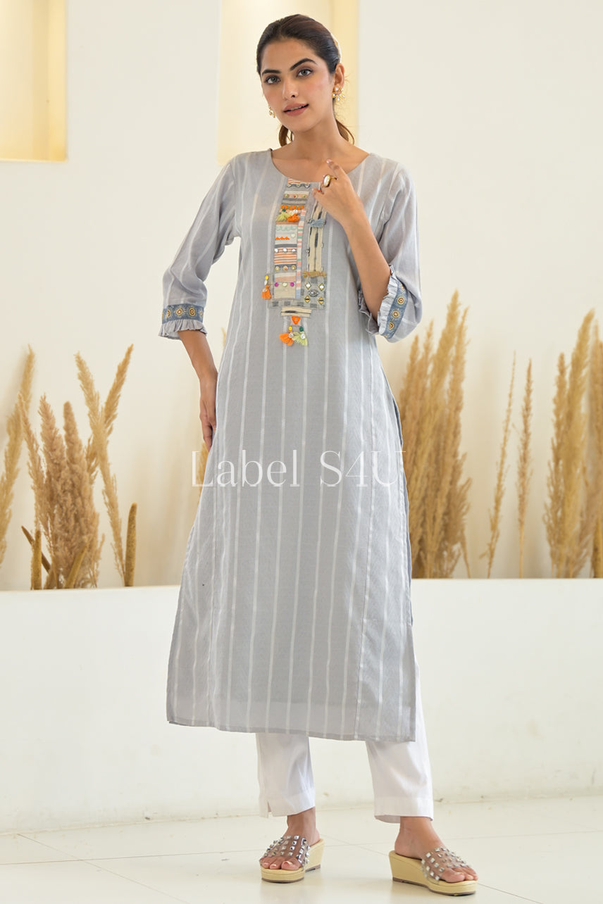 Grey Striped-Kurta