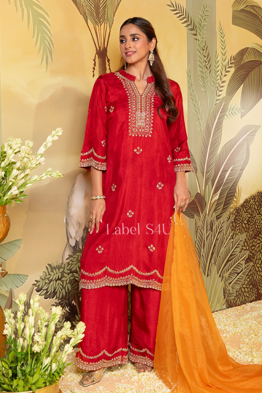 Red Handwork-Palazzo Set