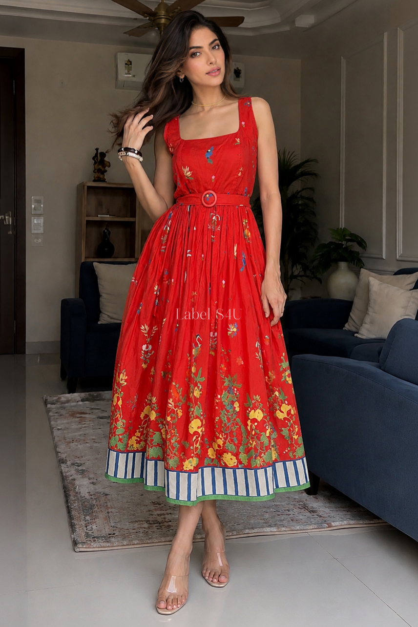 Ruby Red Printed Cotton Midi Dress