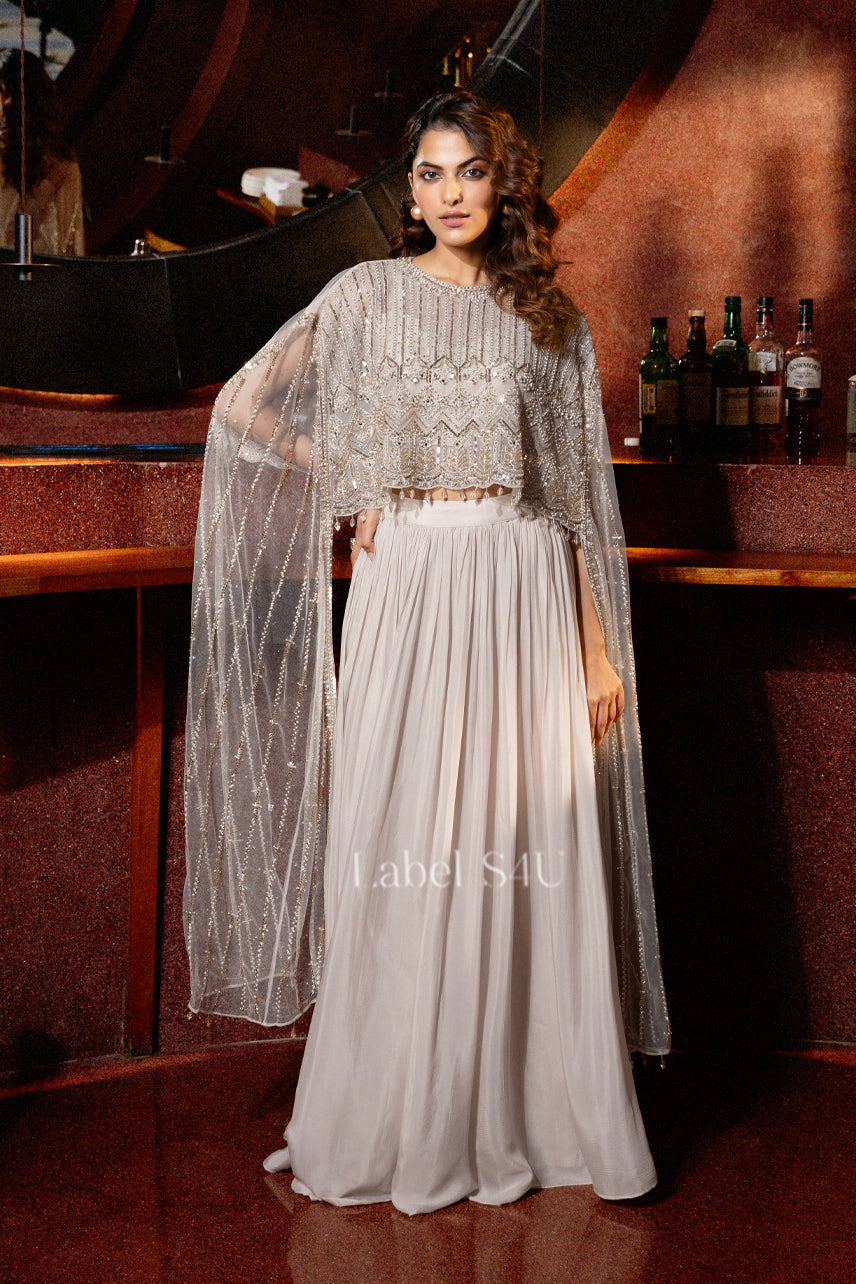 Grey Embellished-Cape Set