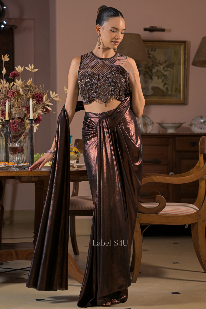 Mocha Metallica Embellished Drape Set