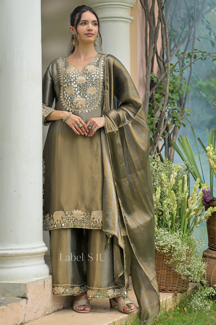 Olive Embellished Tissue Suit Set