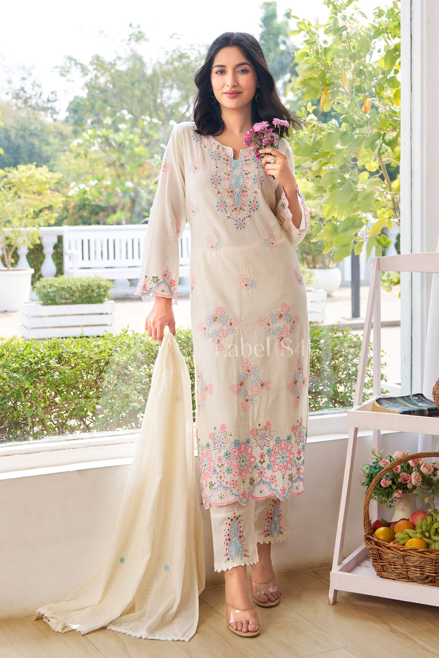 Off White Embroidered-Suit Set