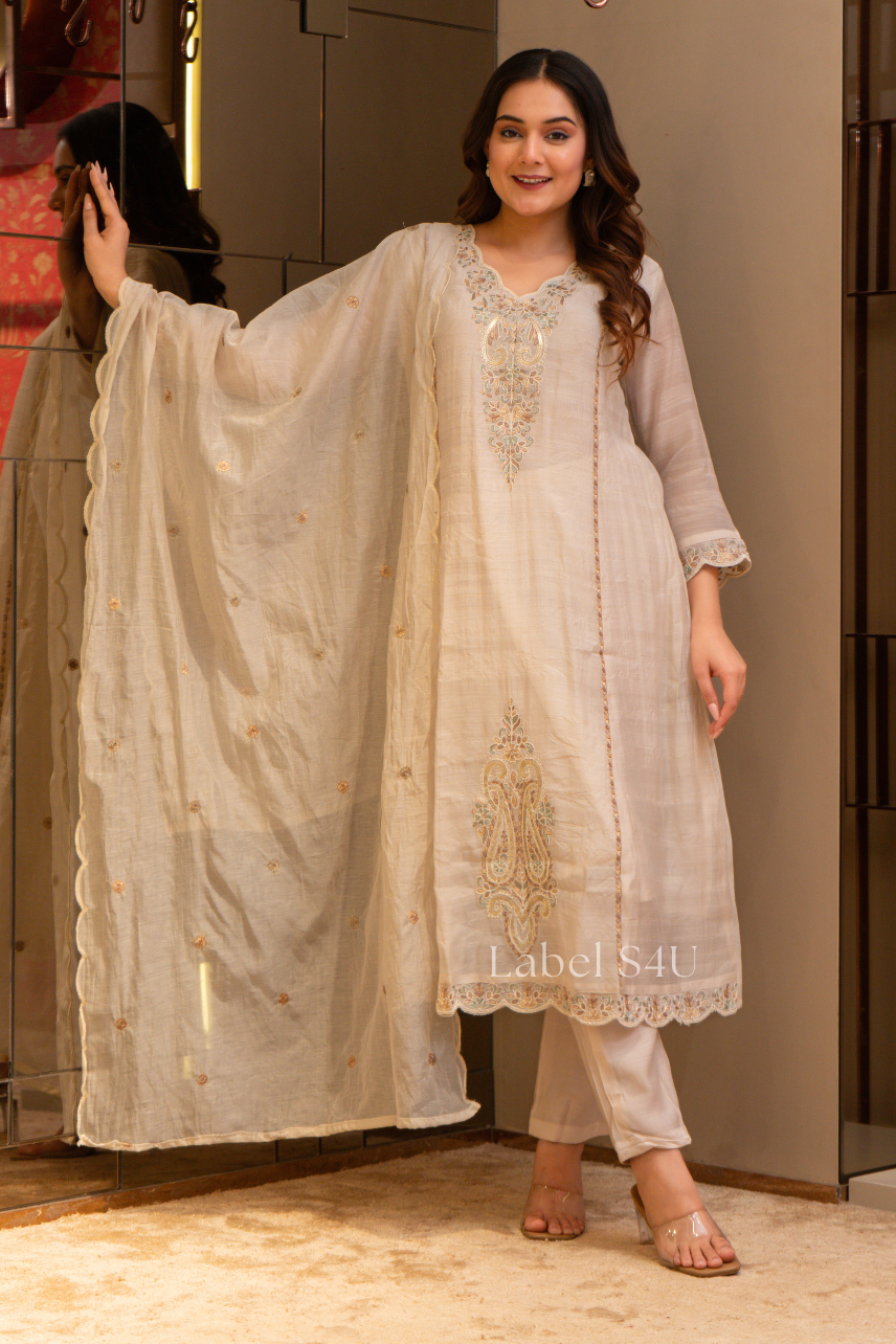 Cream Paisley Embroidered-Suit Set