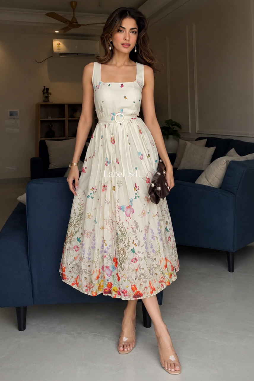 Cream Butterfly Belted Midi Dress – Label S4U