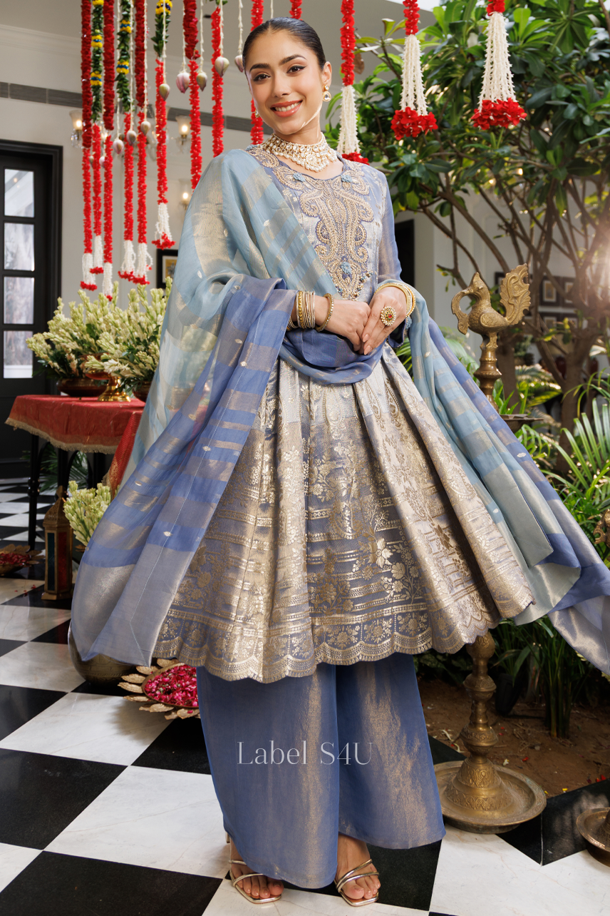 Icy Blue Banarasi Anarkali Set
