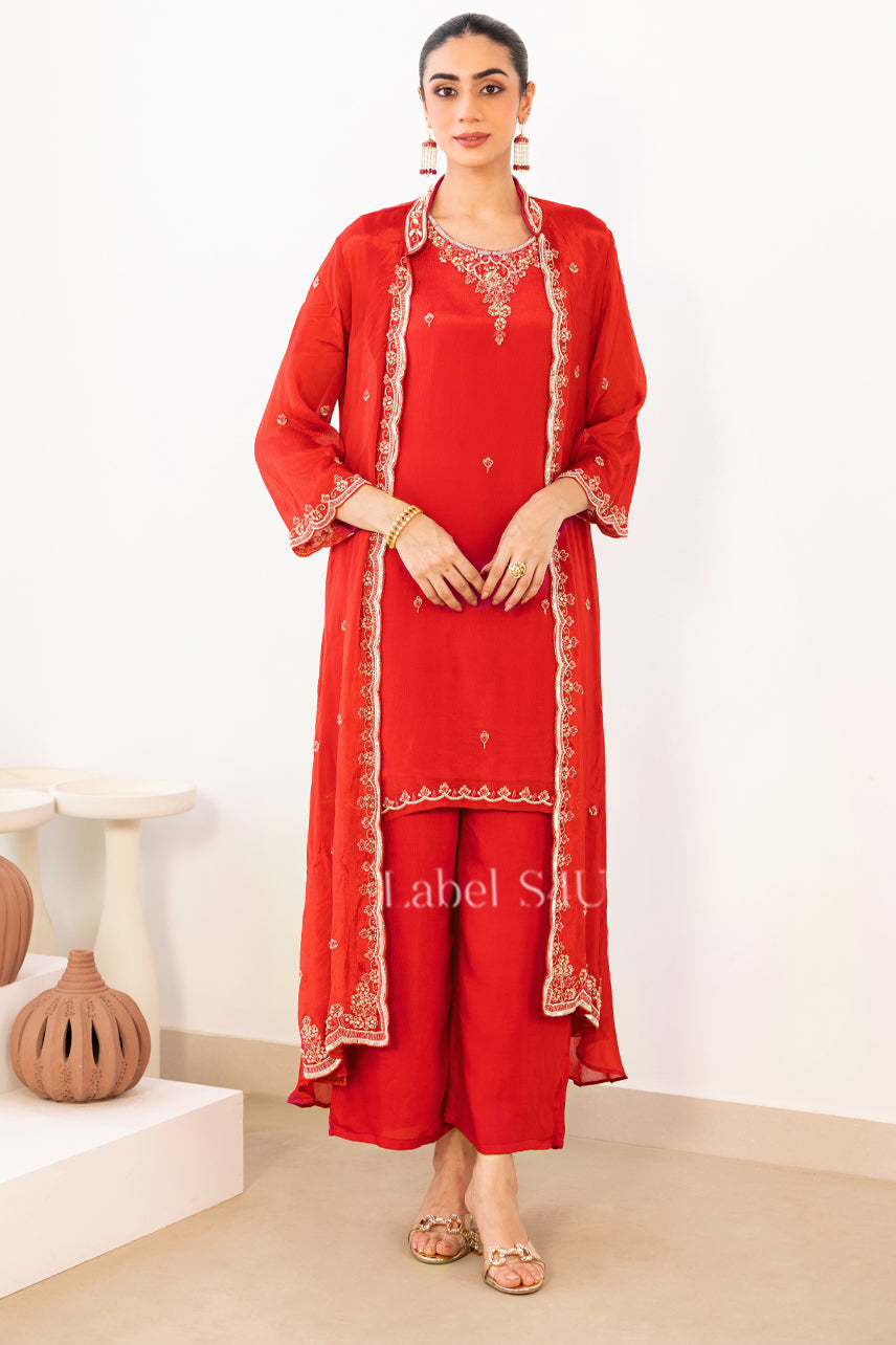 Classic Crimson Handwork-Jacket Set