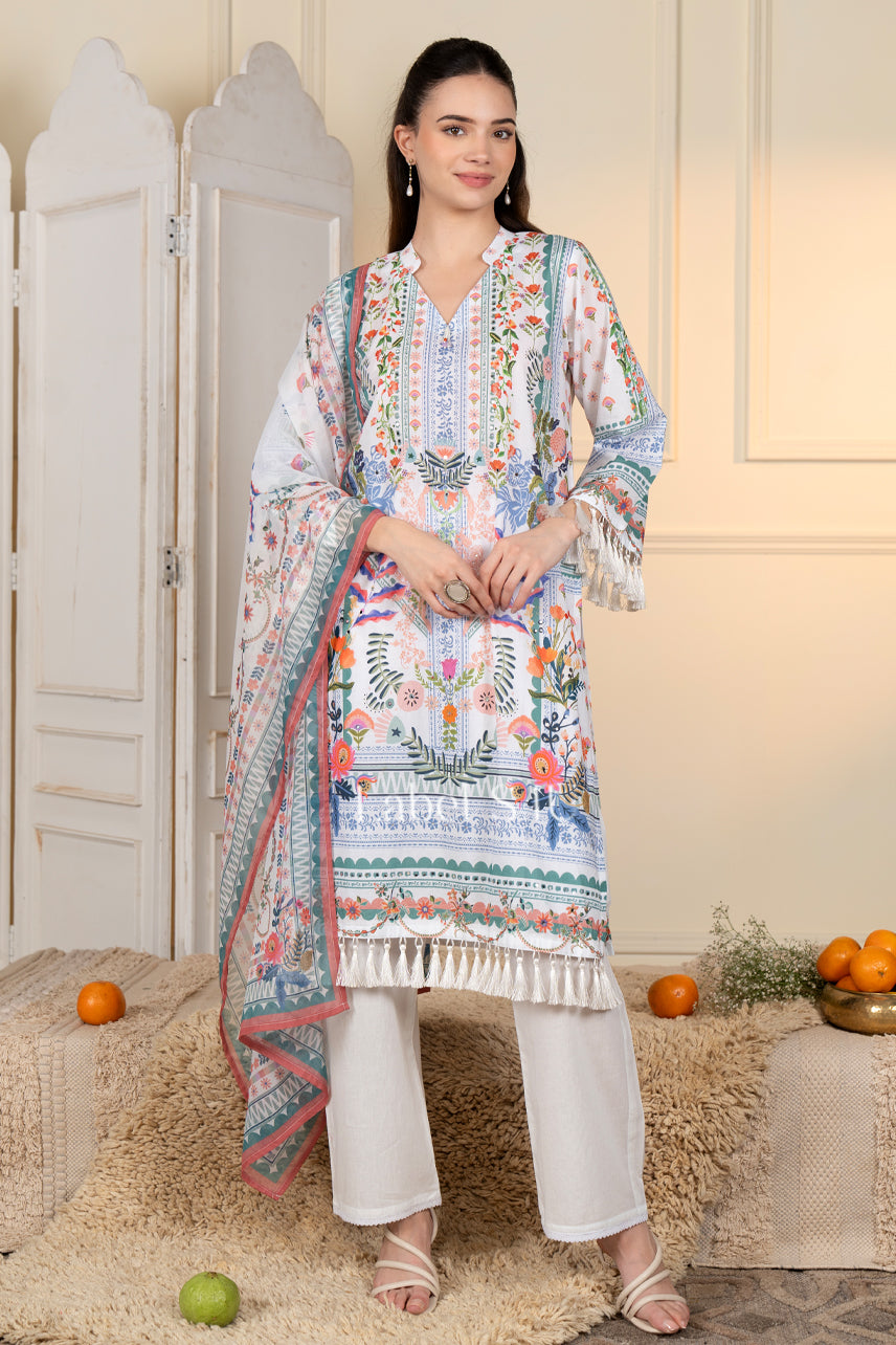 White Gulzar Floral-Suit Set