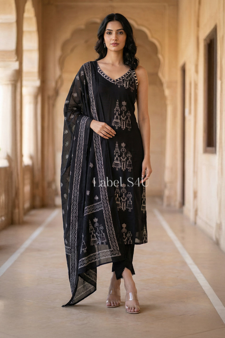 Black Sleveless Printed-Suit Set