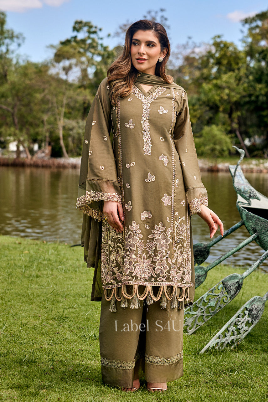 Mehfil-e-Olive Cotton Embroidered Suit Set