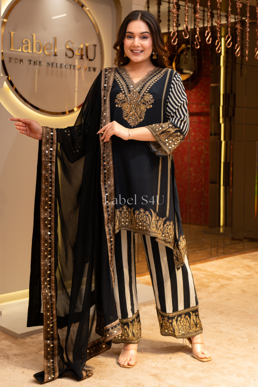 Black Embellished Striped-Palazzo Set
