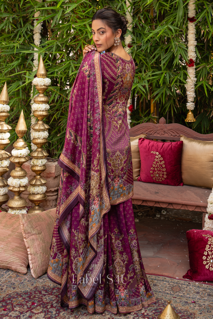 Berry Goldline Printed Sharara Set