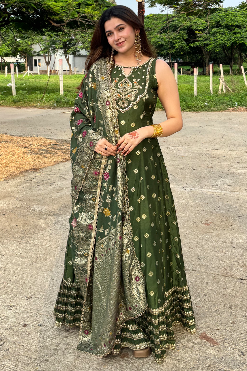 Royal Olive Zari Work Anarkali