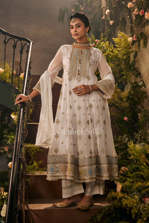 White Zari Work-Anarkali Set