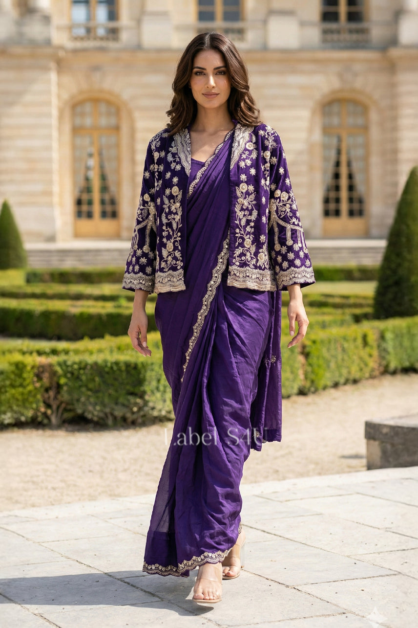 Purple Embroidered Pre-Drape Saree