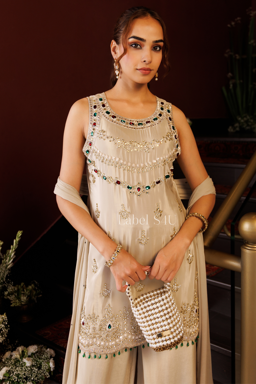Beige Gleam Embellished Palazzo Set