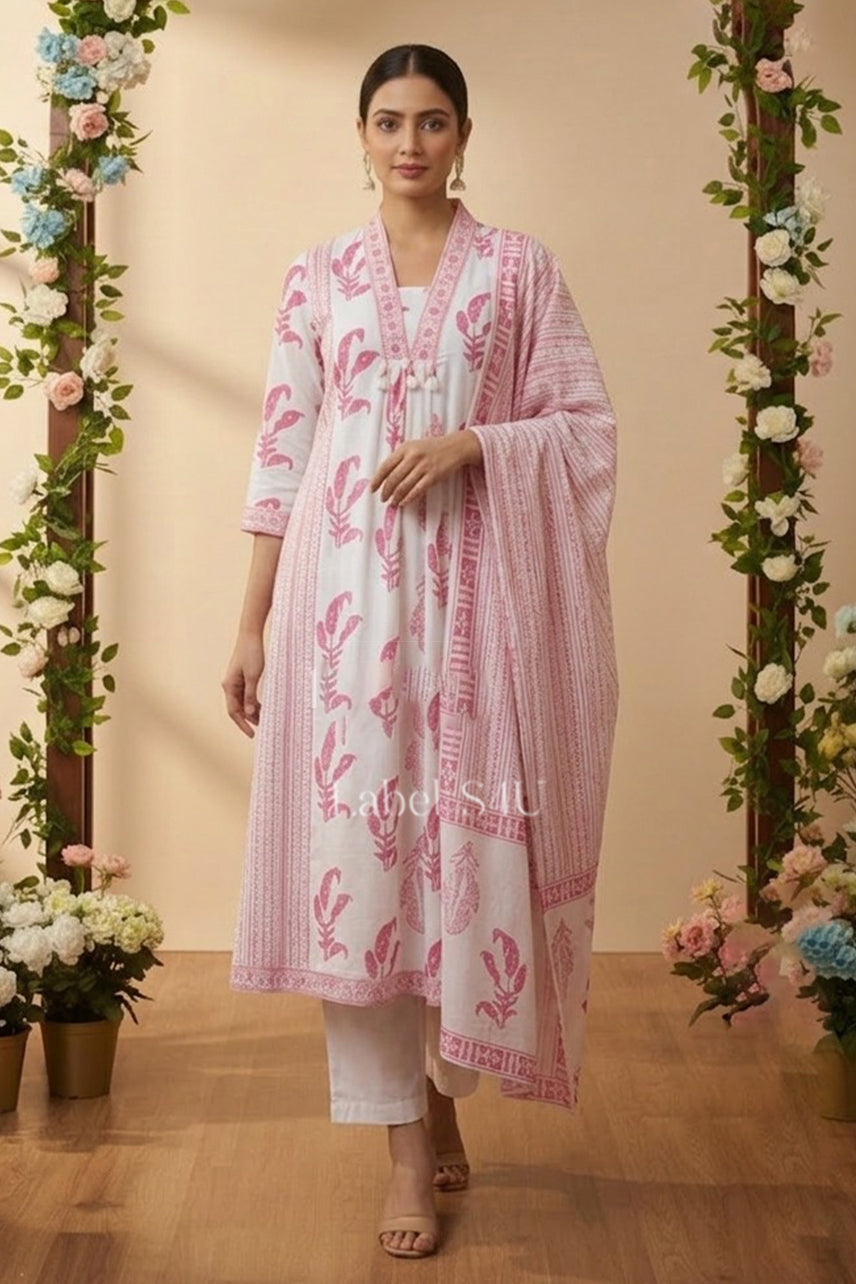 Pink Leaf Block Printed Suit Set