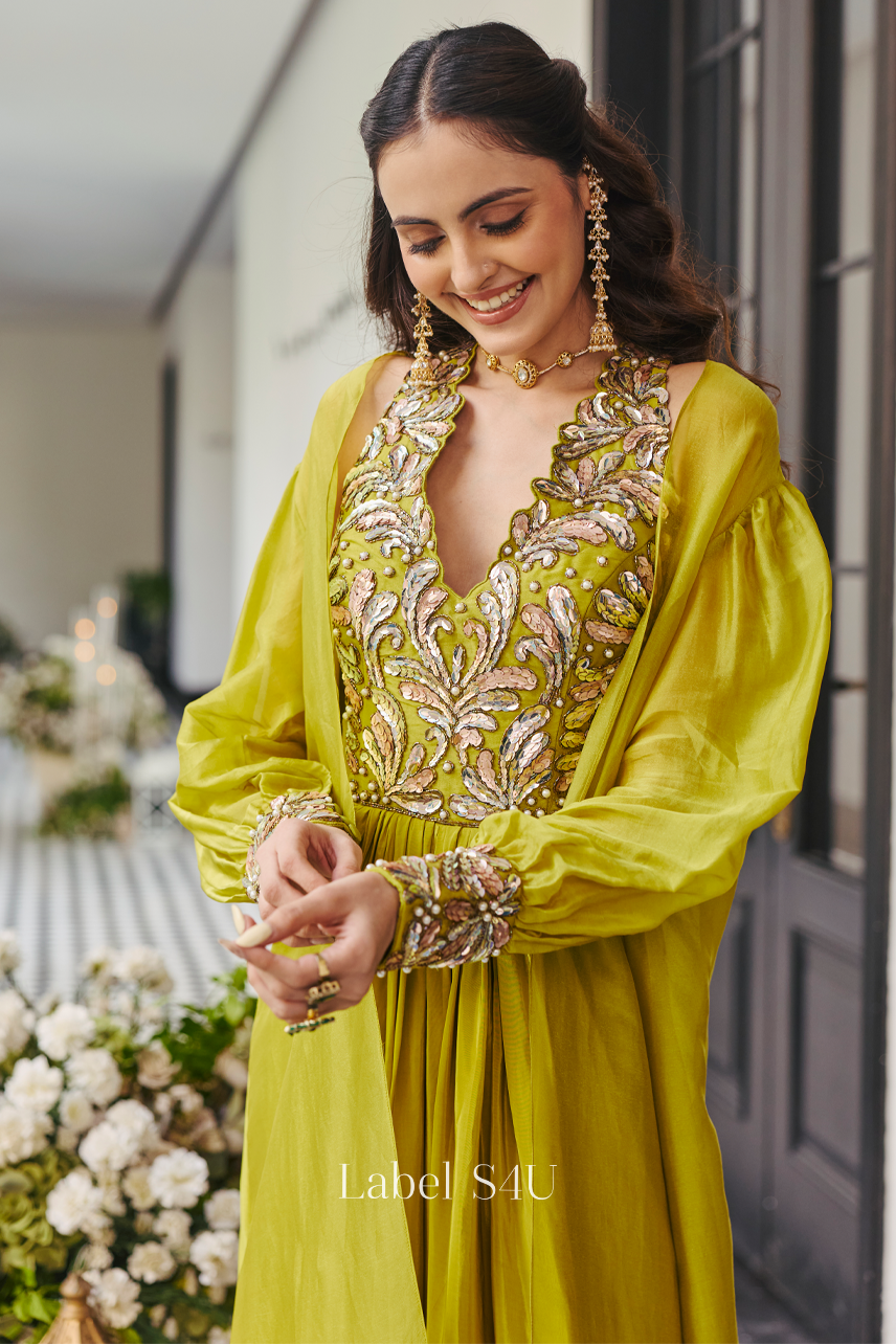 Lime Leafwork Indo-Western Set