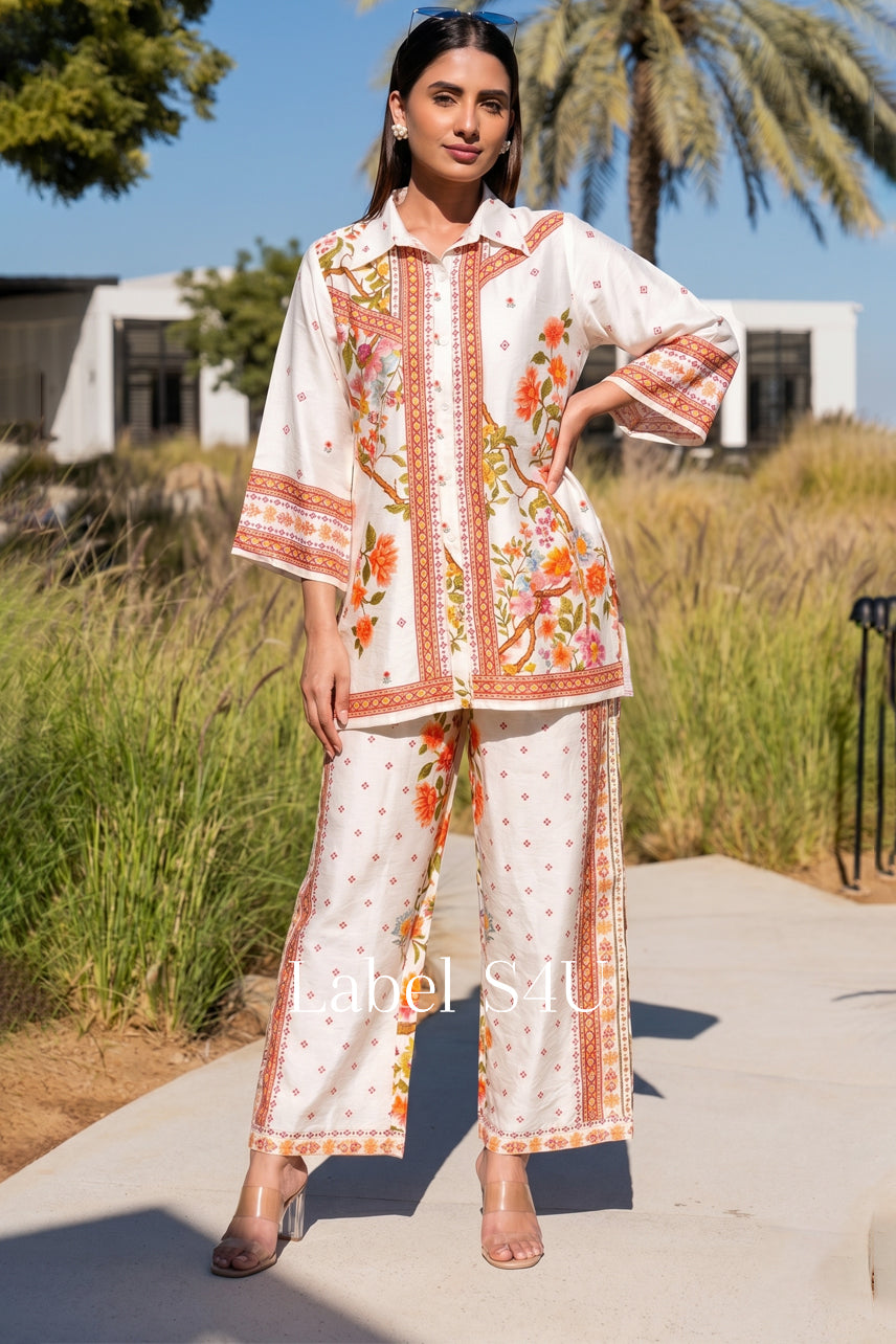 Cream Coral Printed-Co-ord Set