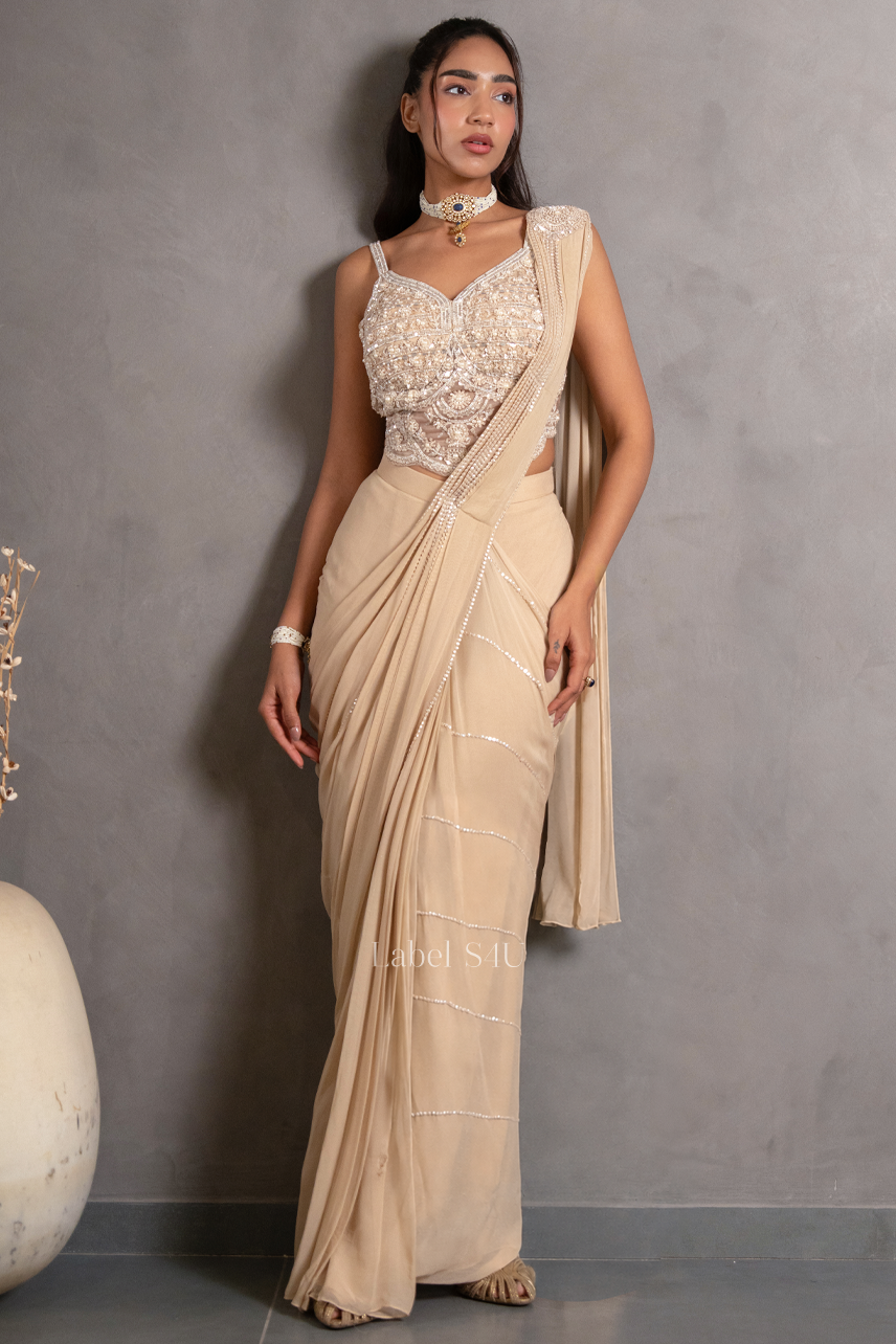 Champagne Embellished Pre-Draped Saree