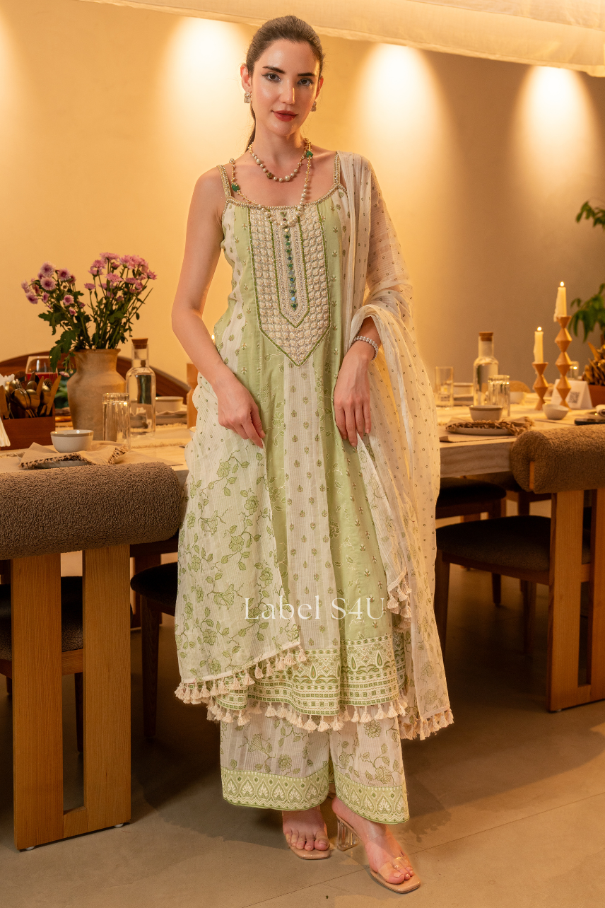 Pistachio Bloom Cotton Anarkali Set