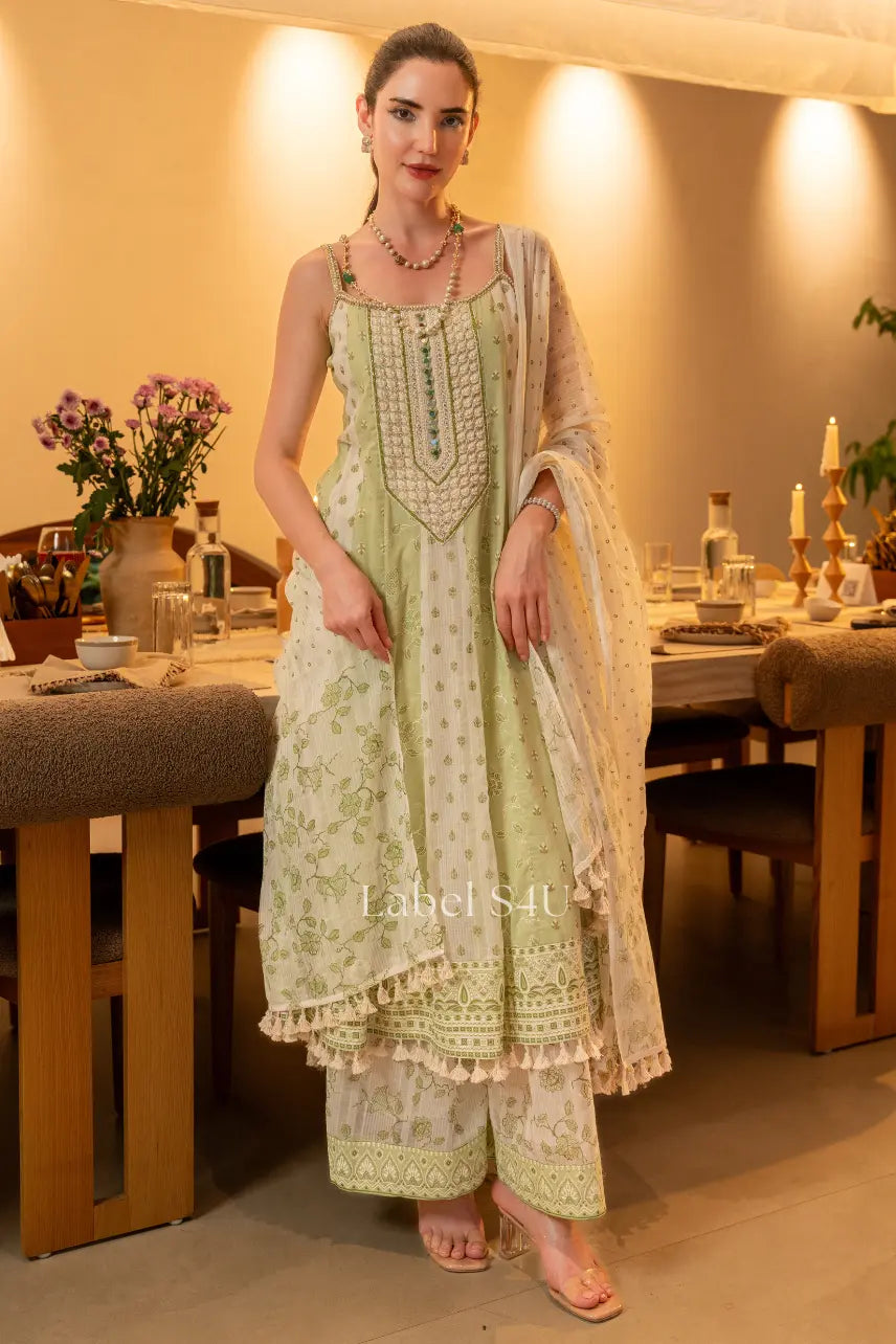 Pistachio Bloom Cotton Anarkali Set