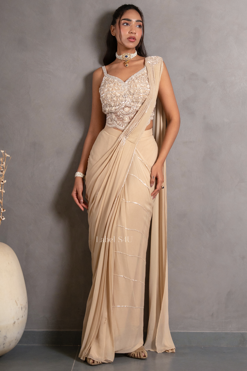 Champagne Embellished Pre-Draped Saree