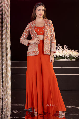 Orange Embroidered Indo-Western Set