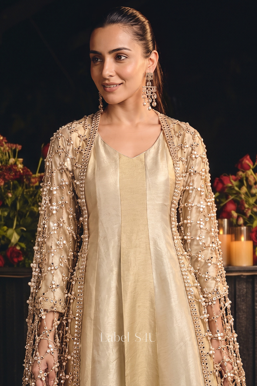 Beige Lacework Panel Anarkali Set