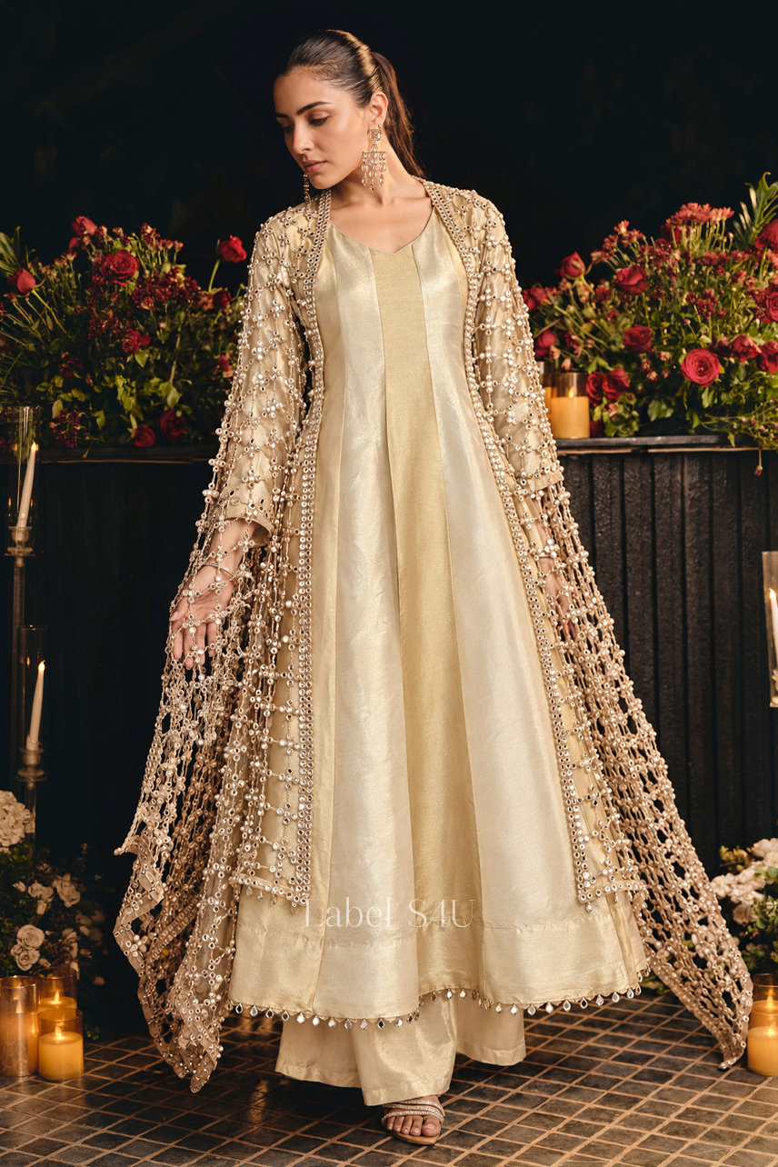Beige Lacework Panel Anarkali Set