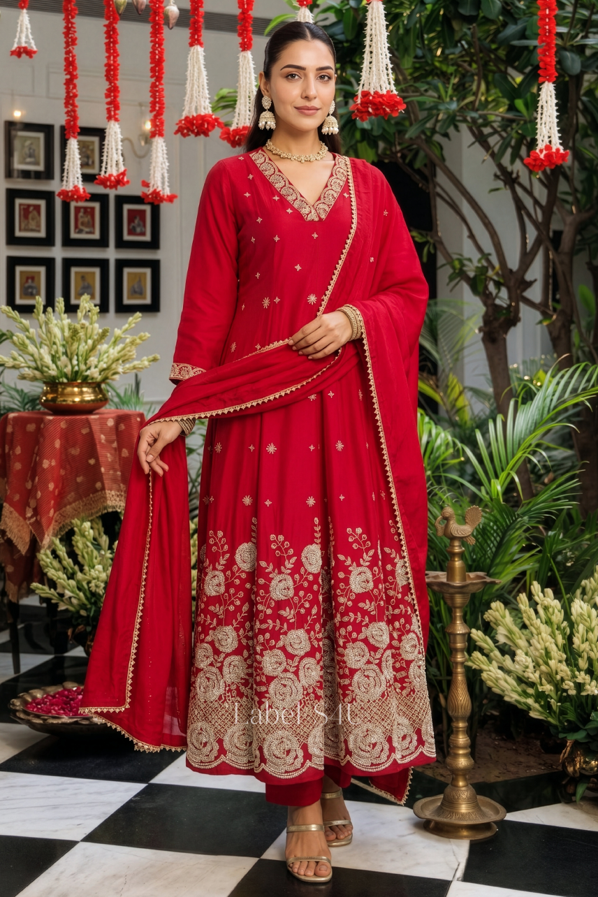 Red Rosework Anarkali Set