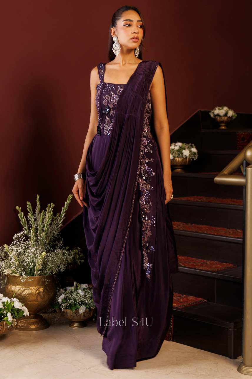 Plum Petaltrail Pre Drape Saree Gown