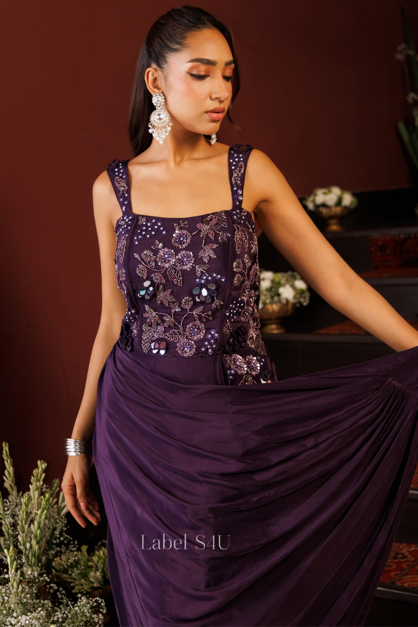 Plum Petaltrail Pre Drape Saree Gown