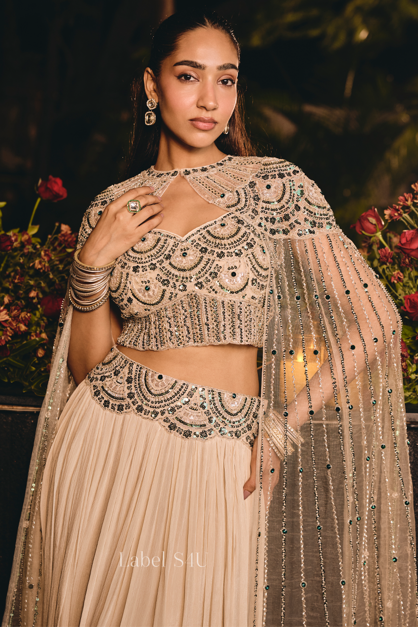 Beige Sparkle Embellished Cape Set