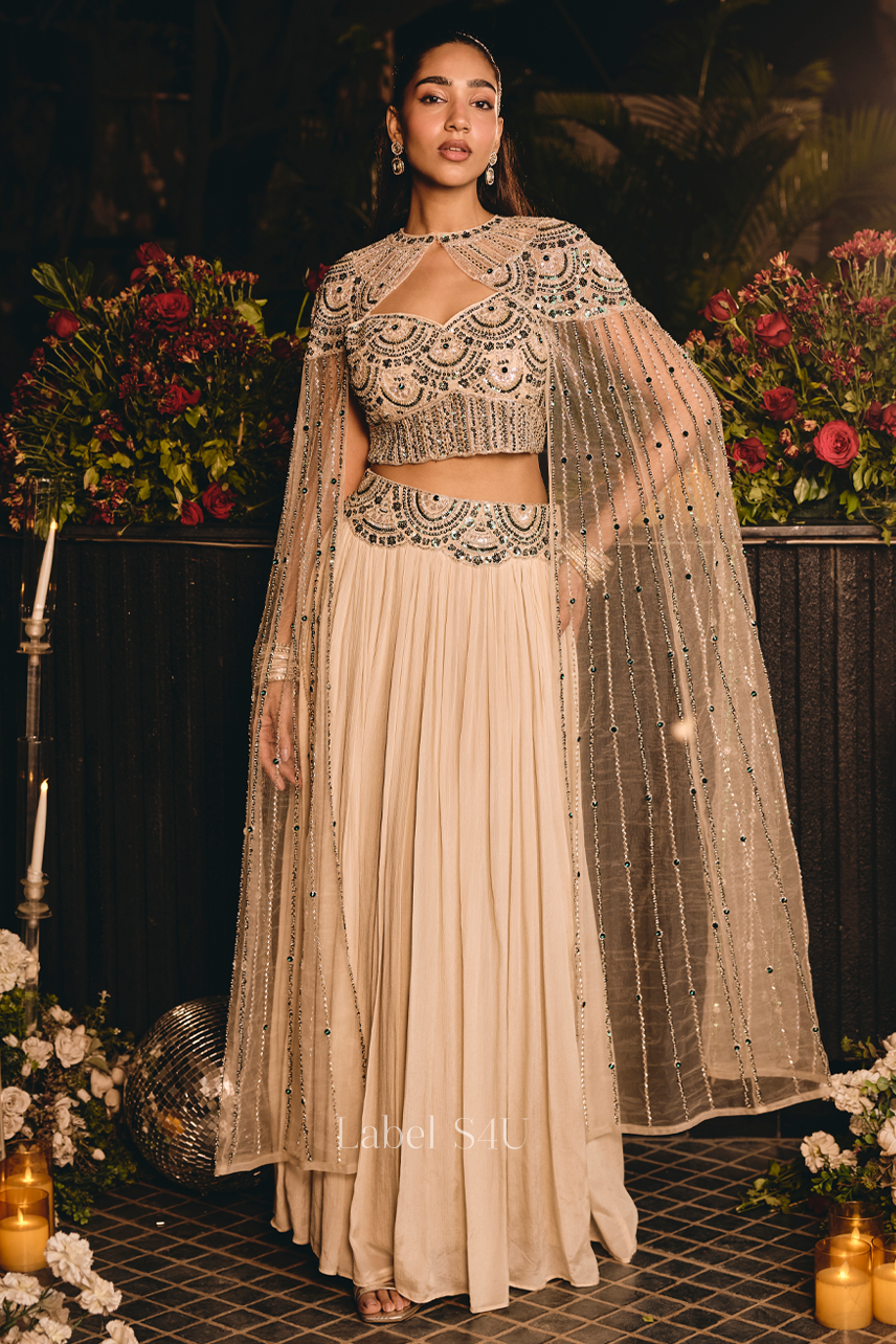Beige Sparkle Embellished Cape Set