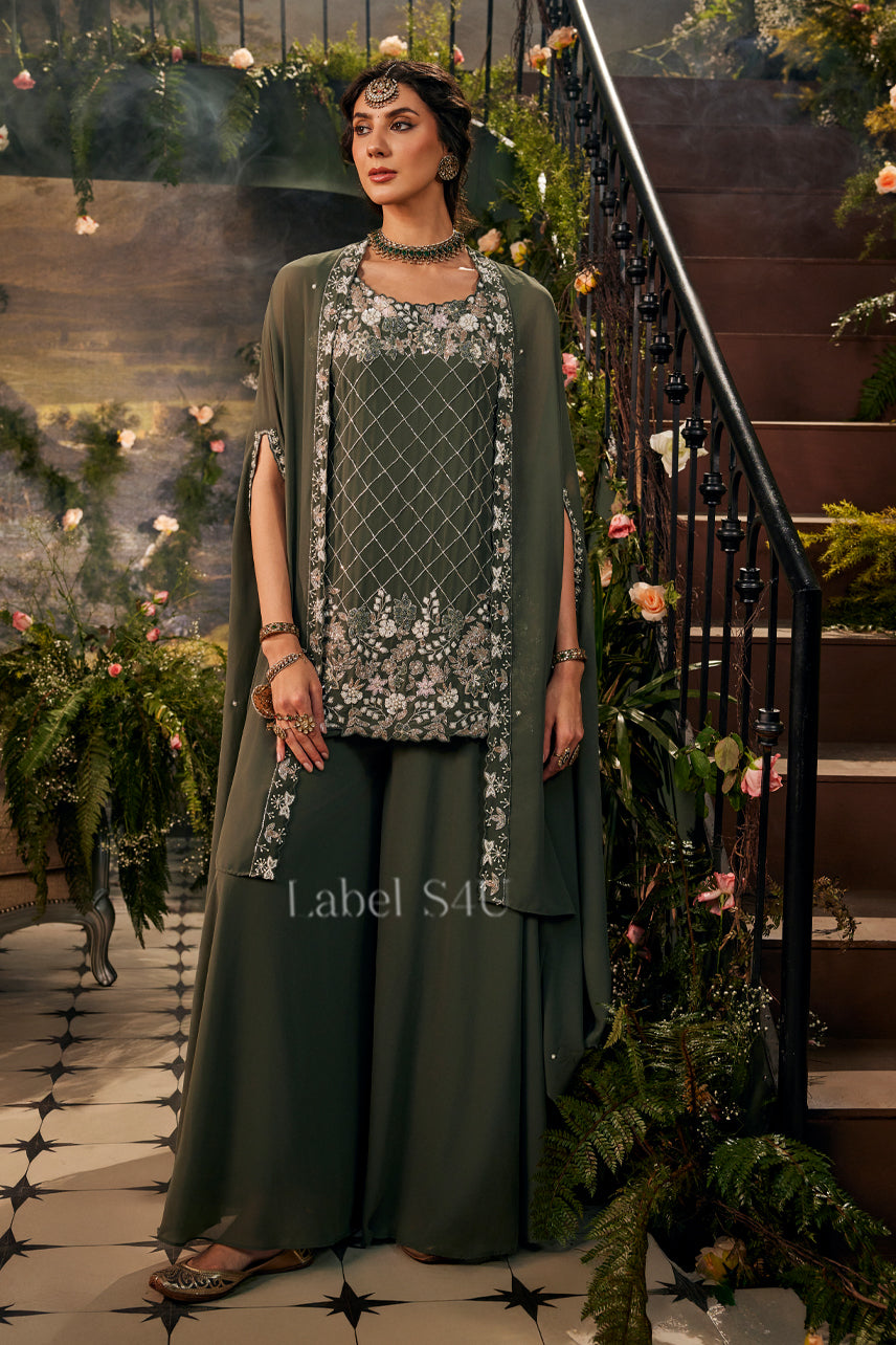 Olive Green Handwork-Palazzo Set