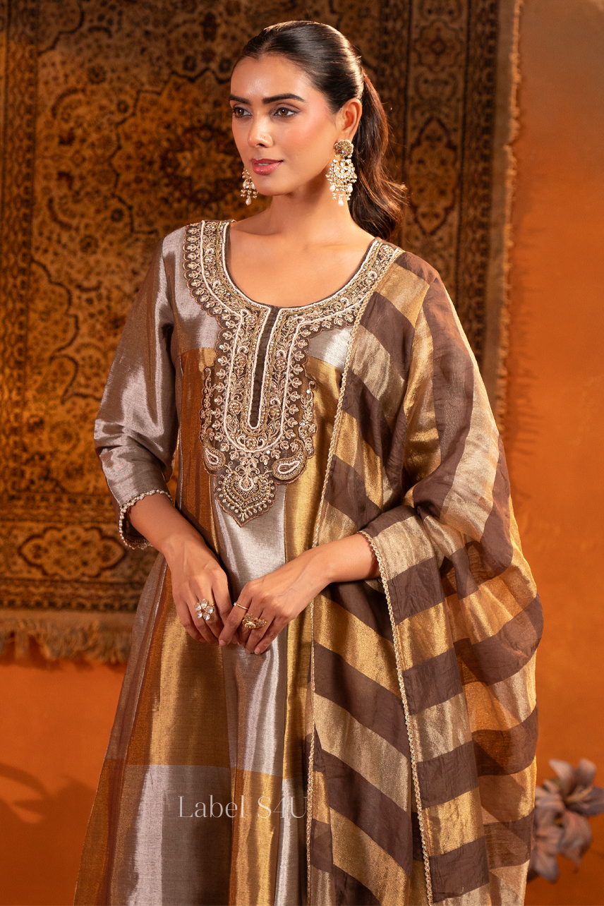 Metallic Panelled Anarkali Set