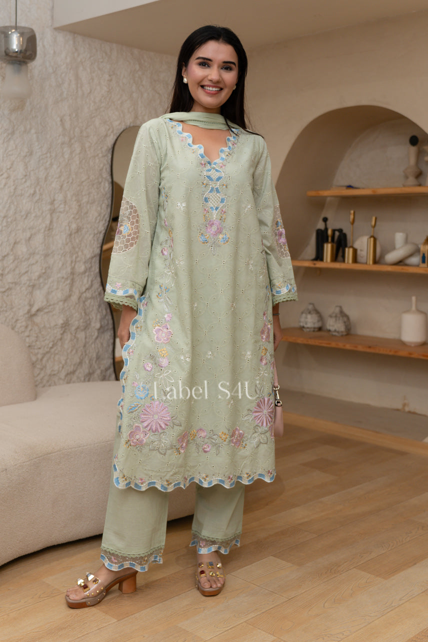 Green Embroidered Schiffli-Suit Set