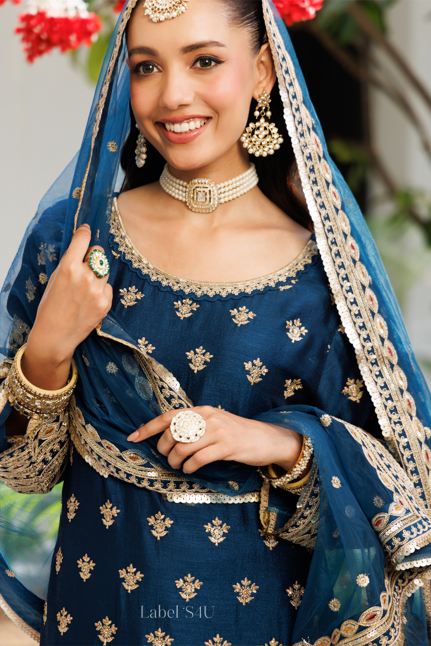 Midnight Blue Zari Bloom Suit Set