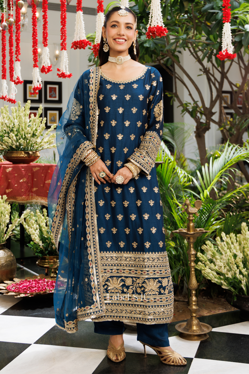 Midnight Blue Zari Bloom Suit Set