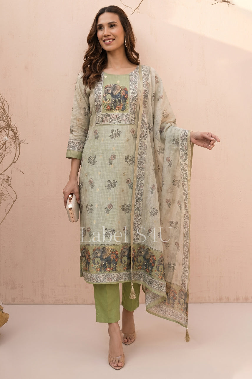 Green Heritage Elephant Motif Suit Set