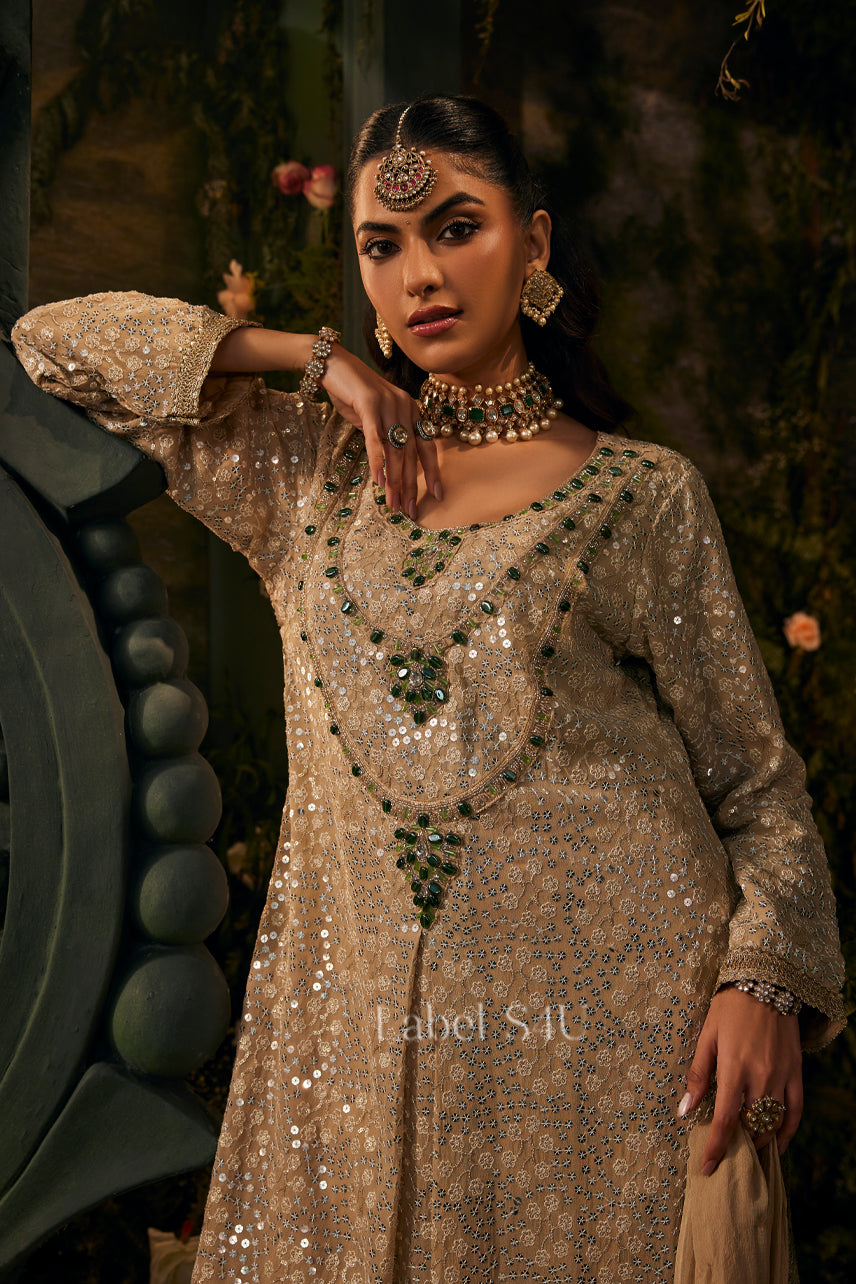 Champagne Embroidered-Pakistani Suit Set M / Beige by Label S4U